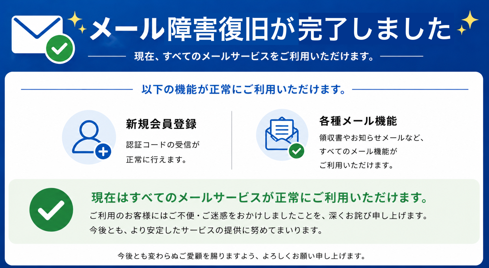 メール障害復旧のお知らせ