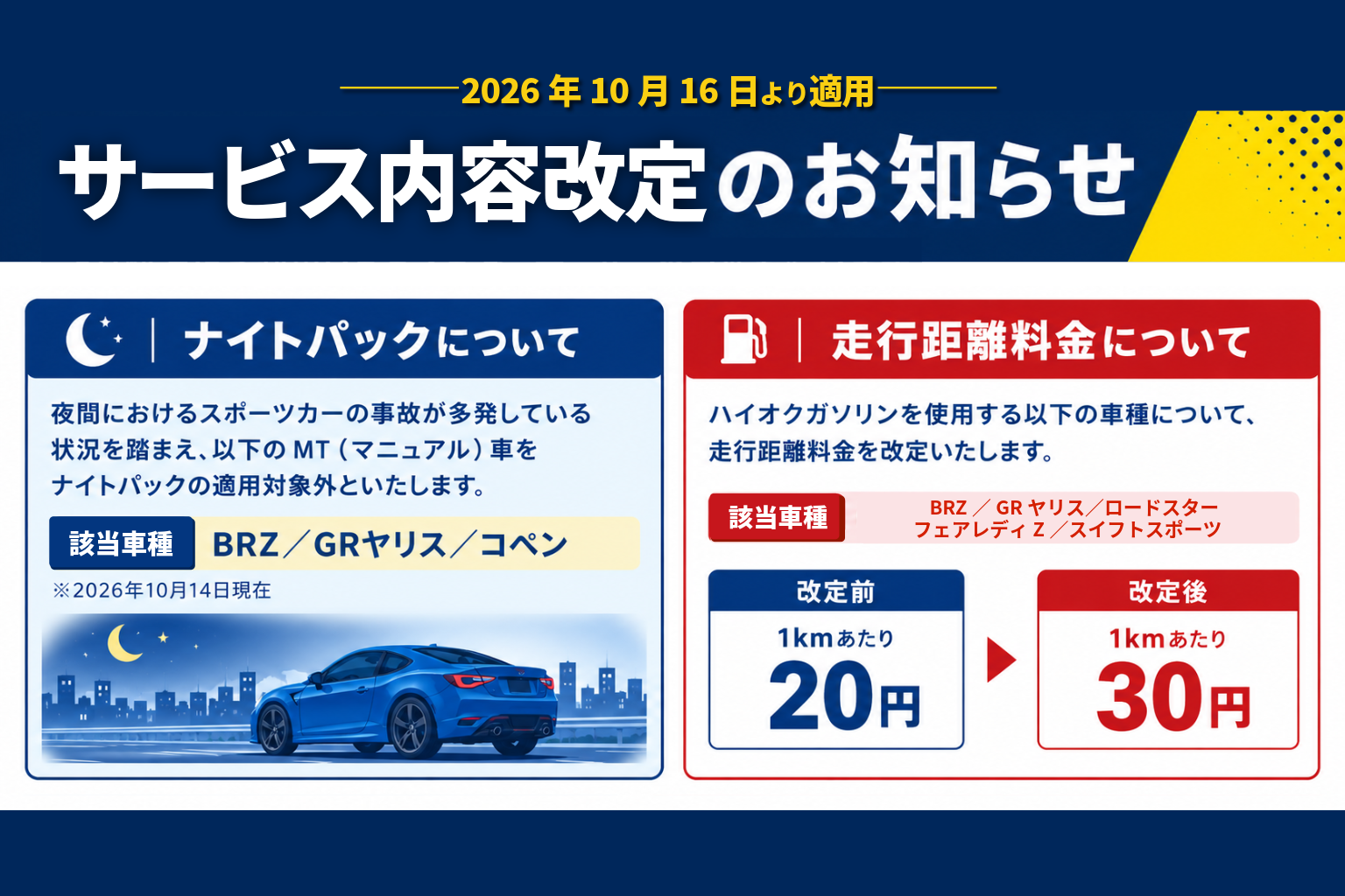 ナイトパックおよび走行距離料金の一部改定について